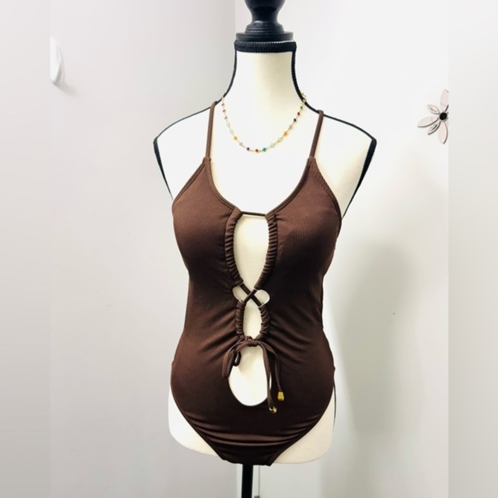 Bathing Women's Suit Sexy Solid Backless Brown Strappy One-Piece Swimsuit M